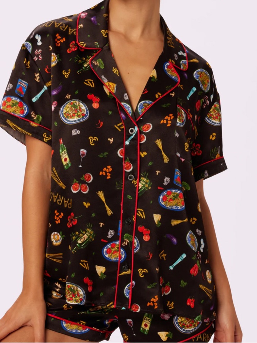Silky Black Printed Short PJ Set with Red Piping